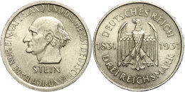 3 Reichsmark, 1931 A, Freiherr Vom Stein, Etw. Fleckig, Vz, Katalog: J. 348 Vz3 Reichmark, 1931 A, Baron From... - Otros & Sin Clasificación