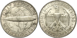 3 Reichsmark, 1930, Zeppelin, Mzz D, Vz., Katalog: J. 342 Vz3 Reichmark, 1930, Zeppelin, Mzz D, Extremley Fine,... - Other & Unclassified