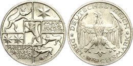 3 Reichsmark, 1927, Universität Marburg, Vz., Katalog: J. 330 Vz3 Reichmark, 1927, University Marburg,... - Sonstige & Ohne Zuordnung