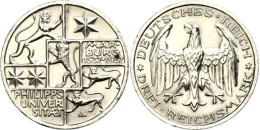 3 Reichsmark, 1927 A, 400. Jahre Philipps Universität Marburg, Min. Rf, Kleiner Fleck Auf Av, Vz-st, Katalog:... - Autres & Non Classés