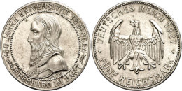 5 Reichsmark, 1927 F, Universität Tübingen, Patina, Berieben, Vz-st, Katalog: J. 329 Vz-st5... - Autres & Non Classés