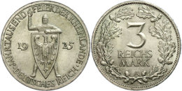3 Reichsmark, 1925, 1000 Jahr-Feier Der Rheinlande, Mzz A, Vz., Katalog: J. 321 Vz3 Reichmark, 1925, 1000 Year... - Other & Unclassified