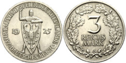 3 Reichsmark, 1925 A, Zur Jahrtausendfeier Der Rheinlande, Min. Rf, Kl. Schlagspur, Vz+, Katalog: J. 321 Vz3... - Sonstige & Ohne Zuordnung