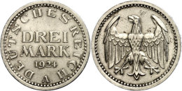 3 Mark, 1924 A, Weimarer Republik, Vz, Katalog: J. 312 Vz3 Mark, 1924 A, Weimar Republic, Extremly Fine,... - Other & Unclassified