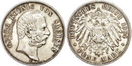 5 Mark, 1904, Georg, Auf Seinen Tod, Wz. Rf., Schöne Patina, Vz+., Katalog: J. 133 5 Mark, 1904, Georg, On... - Other & Unclassified