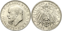 3 Mark, 1914, Ludwig III. (1913 - 1918), Min. Rf, Feine Kratzer, Vz+, Katalog: J. 52 3 Mark, 1914, Ludwig III.... - Other & Unclassified