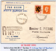 Marianne De Dulac - LRE   "PAR AVION" (tarif Du1/02/1946) Pour La Suisse - 1944-45 Marianne Van Dulac