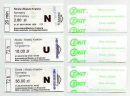 Lot De 3 Tickets Usagés De Bus Et Tramway Avec Tarifs Différents - Krakow Cracovie (PL) - 2016 - Europe