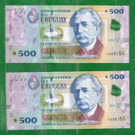 URUGUAY 2014- SERIE "E"  Valor Facial $500.00 -  X2 NUMERACIÓN CORRELATiVA - Uruguay