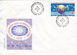 47723- WORLD POST DAY, COVER FDC, 1992, ROMANIA - FDC