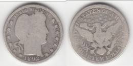 *** USA  - ETATS-UNIS - 1/4 DOLLAR 1892 - QUARTER DOLLAR 1892 - BARBER QUARTER - ARGENT - SILVER **** ACHAT IMMEDIAT !!! - 1892-1916: Barber