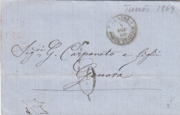 Tunesia Italy Cover Entire 1865 'TUNISI POSTE ITALIANE' Tunis CAGLIARI Sardinia To GENOVA (p116) - Andere & Zonder Classificatie