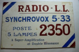 Plaque En Carton - Radio - L.L. - Synchrovox 5-33 - TSF - 5 Lampes 2350F - Paperboard Signs