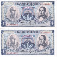 PAREJA CORRELATIVA DE COLOMBIA DE 1 PESO DE ORO DEL AÑO 1974  (BANK NOTE) SIN CIRCULAR-UNCIRCULATED - Colombie