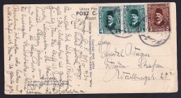 Egypt: PPC Picture Postcard To Germany, 1934, 3 Stamps, Card: Port Said Farouk Street Savoy Hotel, Kodak (creases) - Covers & Documents