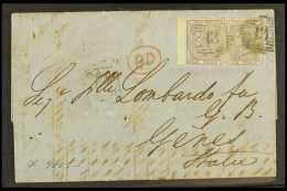 1860 (4th August) Entire To Genova Bearing 6d Lilac PAIR (no Letters) Tied Stratford London District Barred Cancel... - Andere & Zonder Classificatie