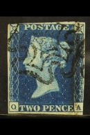 1840 2d Deep Blue 'QA' Plate 2, SG 4, Used With Margins Just Touching At 2 Places, Light Vertical Crease, Lovely... - Other & Unclassified