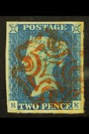 1840 2d Blue 'RK' Plate 1, SG 5, Very Finely Used With Red MC, Light Stain At Right Edge, Crease & Small Thin... - Andere & Zonder Classificatie