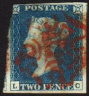 1840 2d Blue 'LC' Plate 2, SG 5, Used With Large / Huge Margins But Cut Into At Top Left Corner & Red MC Pmk.... - Autres & Non Classés