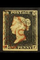 1840 1d Black 'EF' Plate 5, SG 2, Used With 4 Large Neat Margins & Crisp Red MC Cancel, Slightly Rounded... - Unclassified