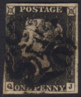 1840 1d Black 'QJ' Plate 2 Cancelled By Black MC, SG Spec AS15m, With 3 Large Margins. Scarce Cancel On This... - Non Classés
