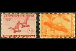 DUCK HUNTING STAMPS 1943 $1 Deep Rose Plus 1944 $1 Red-orange, Scott RW11/12, Never Hinged Mint, Minor... - Andere & Zonder Classificatie