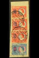 REVENUES 1954 QEII Type, £1 Red & Blue X3 On Piece With 5s Blue & Red, Barefoot 87/8, Fine Used With... - Unclassified
