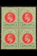NATAL 1904-8 1s Carmine & Pale Blue, Wmk Mult Crown CA, In A BLOCK OF FOUR, SG 155, Very Slightly Toned Gum... - Unclassified