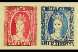 NATAL 1861 HAND PAINTED STAMPS - Unique Miniature Artworks Created By A French "Timbrophile" In 1861. Two Stamps... - Unclassified