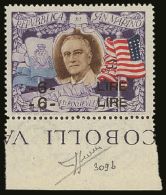 1947 6 L. On 5 L. Roosevelt, Overprint Double Sassone 309b, Fine Never Hinged Mint Lower Marginal Example, Signed... - Otros & Sin Clasificación