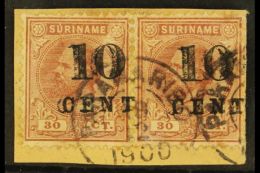 SURINAM 1898 10c On 30cent Lilac Brown, Horizontal Pair, Variety "double Overprint", NVPH 33fa, Fine Used On... - Andere & Zonder Classificatie