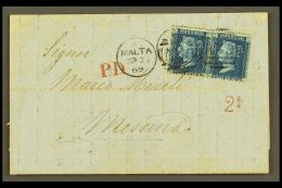 1869 ENTIRE LETTER TO MESSINA Bearing Great Britain 2d Blue, Plate 13, Horizontal Pair, Tied By "MALTA / A25"... - Malte (...-1964)