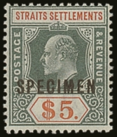 STRAITS SETTLEMENTS 1902 $5  Dull Green And Brown Orange, Ed VII, Overprinted "Specimen", SG 121s, Very Fine Mint.... - Altri & Non Classificati