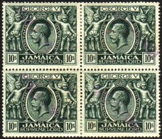 1919-21 10s Myrtle Green, Wmk Multi Crown CA, SG 89, Used BLOCK OF 4 With Very Light Violet Straight- Line Dated... - Giamaica (...-1961)