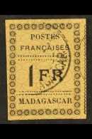 MADAGASCAR 1891 1fr Black On Yellow, Yvert 12, Very Fine Used, Very Shallow Hinge Thin. For More Images, Please... - Autres & Non Classés