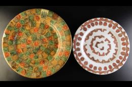 STAMP DECORATED PLATES & BOTTLES. Circa 1910's Four Plates, Two Glass Bottles And A Circular Wooden Casket... - Altri & Non Classificati