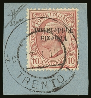 WWI - ITALY TRENTINO - 1918 (6 Dec) 10c Rose With OVERPRINT INVERTED Variety, Sass 22aa, Very Fine Used On Piece,... - Ohne Zuordnung