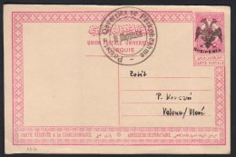 POSTAL STATIONARY 1913 20pa Rose Carmine On Buff, Postal Stationery Card , Mi P2, Ovptd "Eagle" In Black With... - Albania