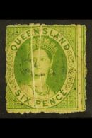 QUEENSLAND 1862-7 6d Yellow-green, No Watermark, Pre-printing Paper Creases Variety Leaving Two Unprinted White... - Altri & Non Classificati