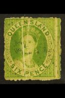 QUEENSLAND 1862-7 6d Yellow-green, No Watermark, Pre-printing Paper Creases Variety Leaving Two Unprinted White... - Other & Unclassified