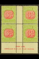 POSTAGE DUE 1922-30 3d Carmine And Yellow-green, SG D95, JOHN ASH Imprint Block Of Four, Fine Mint. (4 Stamps) For... - Other & Unclassified