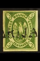 1867-68 1867-68 5c Yellow-green Condor Thick Paper (Scott 1e, SG 1), Very Fine Used With Straight-line "TARIJA"... - Bolivien