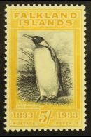 1933 5s Black And Yellow Centenary Of British Admin "King Penguin", SG 136, Very Lightly Hinged Mint With Slightly... - Falkland