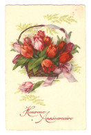 CPA FANTAISIE HEUREUX ANNIVERSAIRE BOUQUET DE TULIPE - N° 3246-1 - NON CIRCULÉE - 2 SCANS - - Paddestoelen