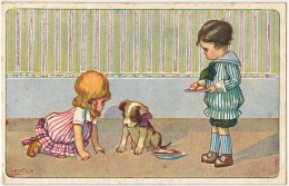 FANTAISIE ENFANT CHILDREN LITTLE GIRL BOY FILLETTE ILLUSTRATEUR Signé BERTIGLIA : Enfants Chien - Bertiglia, A.