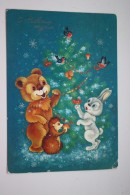 LITTLE Hedgehog, Bear And Bunny  - OLD Soviet PC 1986 -  Mushroom - Champignon - Paddestoelen