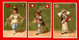 Lot De 3 Chromos Lith. Testu & Massin, Thème Pays, Drapeaux, Blason, Flags, Coat Of Arms, Suède, Turquie, Suisse - Sonstige & Ohne Zuordnung