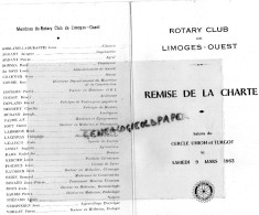 87 - LIMOGES - MENU ROTARY CLUB -REMISE CHARTE -CERCLE UNION TURGOT 1963- TRAITEUR BONNICHON TAVERNE LION D' OR - - Menú