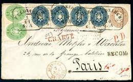 Beleg Zwei 3 Kr. Mit Zwei Waagerechten Paaren 10 Kr. Grob Gezähnt Auf 15 Kr. Umschlagvorderseite (1865) Mit... - Other & Unclassified