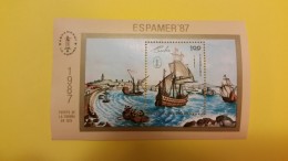 HOJA FILATELICA ESPAMER 1987 - SAILING SHIPS AT CORUÑA PORT IN 1525 - Collections, Lots & Séries